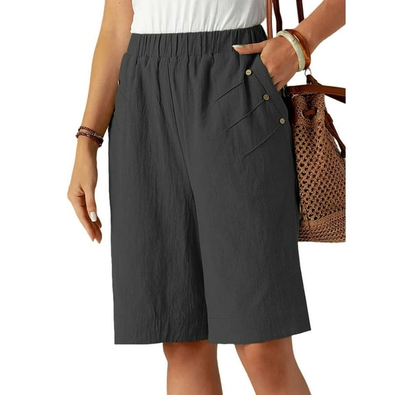 AHTJRT Women's Capri Pants Casual Spring Summer Wide Leg Elastic Waist Trousers with Pockets Lightweight Loose Fit Knee Length Pants Dark Gray S