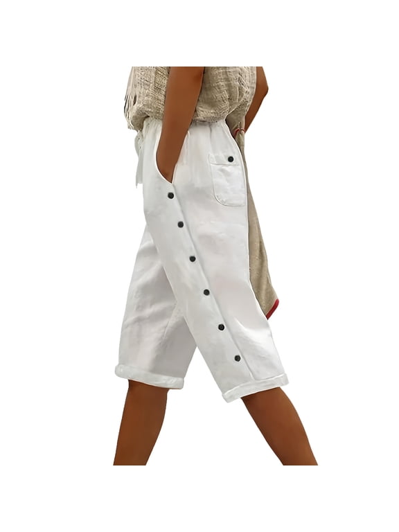 Women's Capris Side Button Down Cotton Linen Trousers with Pockets High Elastic Waist Drawstrings Cropped Pants White XXL