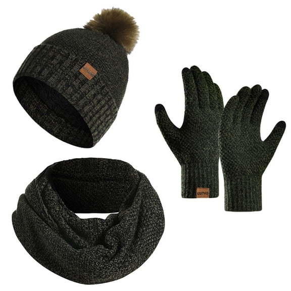 AHTJRT Women's Caps Scarf Gloves Set 3 Pieces Neck Warmer Mittens Knit Skullcap with Pompom Winter Outdoor Sports Biking Hiking Set Army Green Free Size