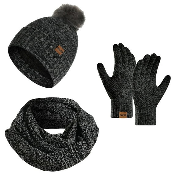 AHTJRT Women's Caps Scarf Gloves Set 3 Pieces Neck Warmer Mittens Knit Skullcap with Pompom Winter Outdoor Sports Biking Hiking Set Dark Gray Free Size