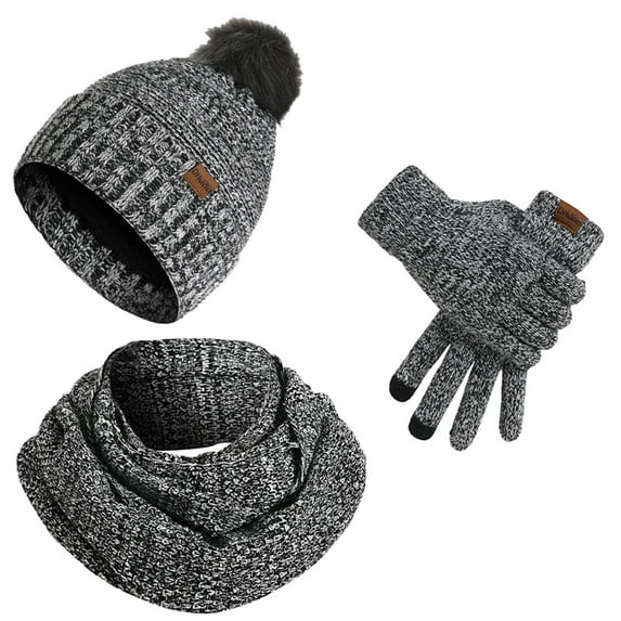 AHTJRT Women's Caps Scarf Gloves Set 3 Pieces Neck Warmer Mittens Knit Skullcap with Pompom Winter Outdoor Sports Biking Hiking Set Gray Free Size