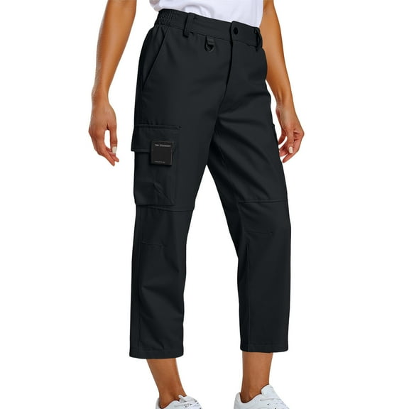 AHTJRT Women's Cargo Pants Elastic Waist Button Front Trousers with Pockets Joggers Sweatpants Casual Straight Wide Leg Slacks Black L