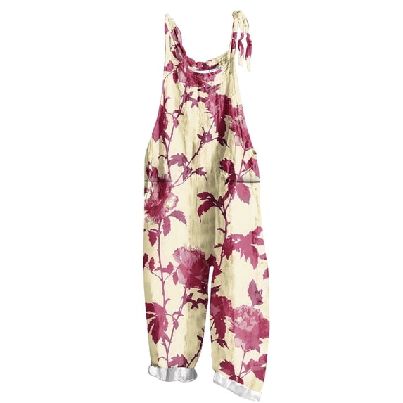 AHTJRT Women's Casual Jumpsuits Breathable Summer Hawaiian Tropical Floral Printed Jumpsuits Capri Pants Loose Sleeveless Rompers with Pockets Beige M