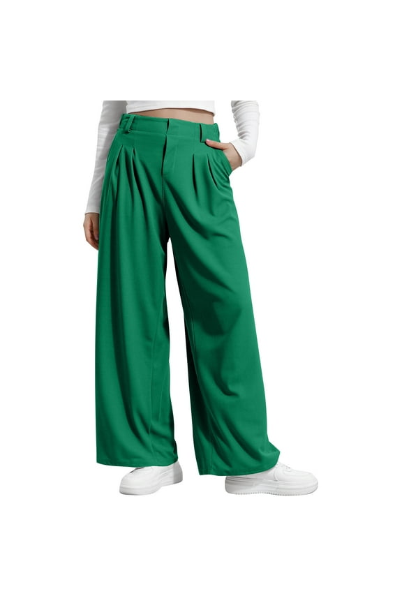 Women's Casual Wide Leg Pants Straight Baggy Culotte with Pockets High Waisted Pleated Loose Fit Long Trousers Green#02 S