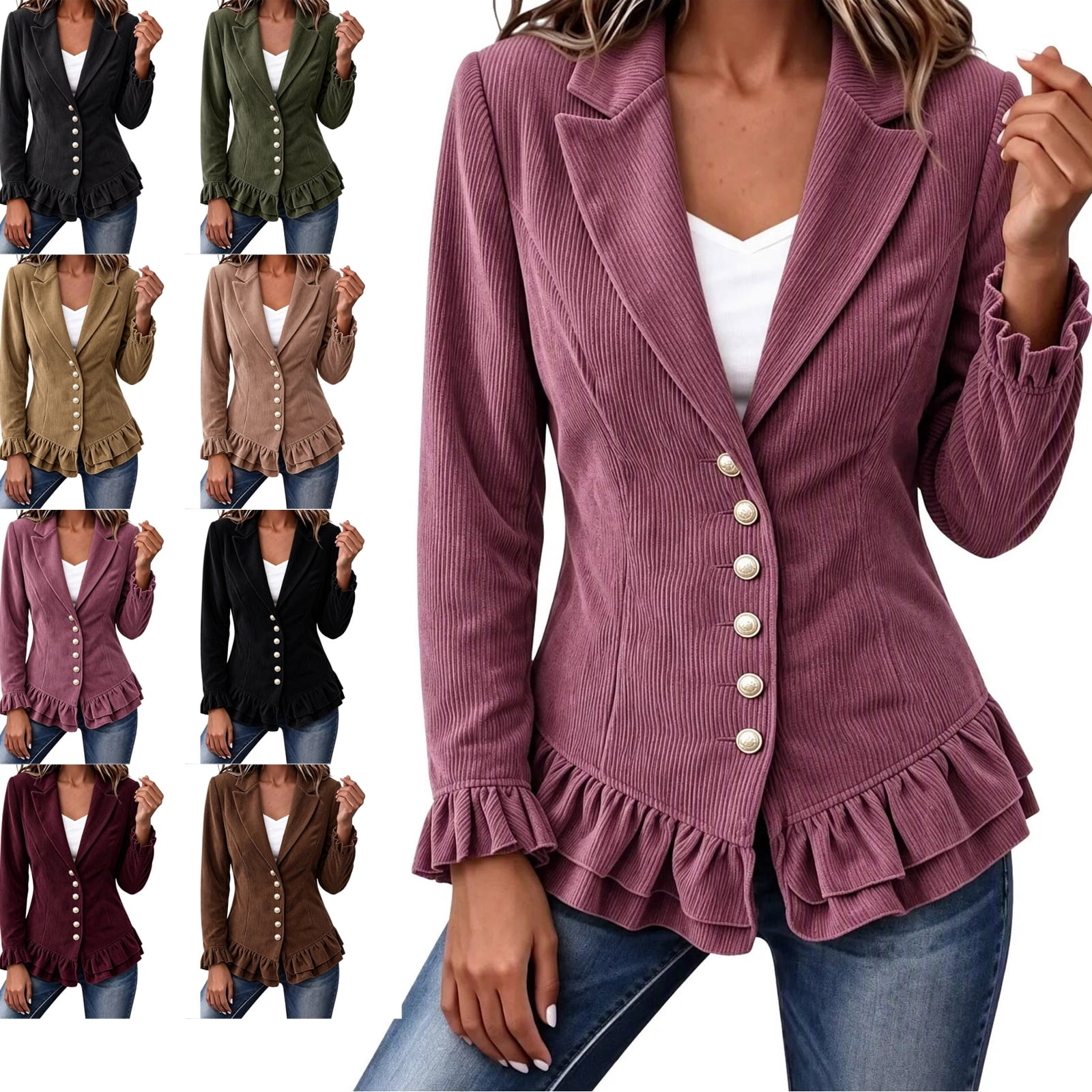Ruffle Button Jacket AHTJRT Women's Corduroy Blazer Ruffle Hem Long Sleeve Collared Button ...