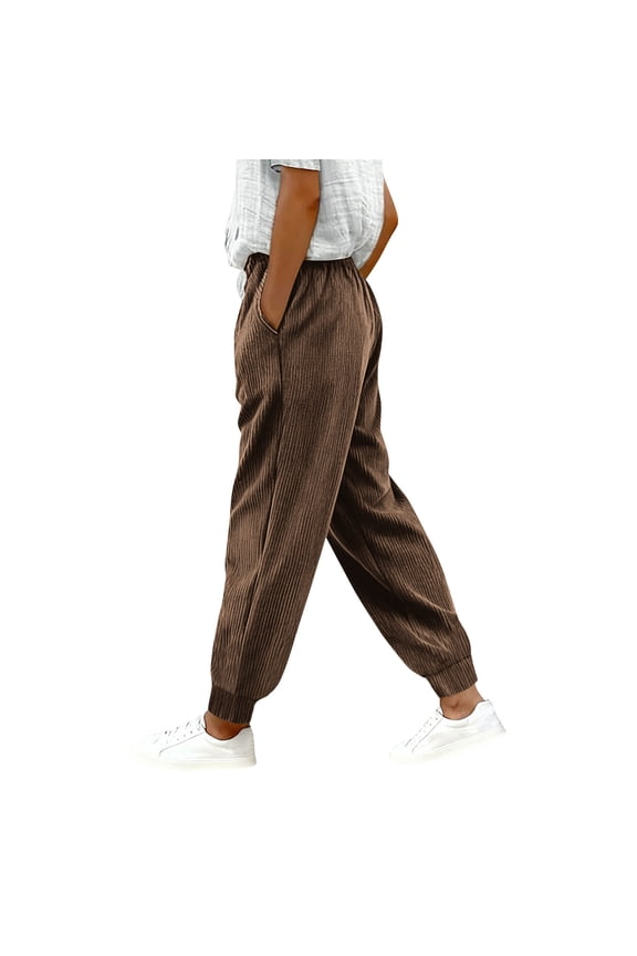 Women's Corduroy Joggers Tapered Drawstrings Elastic Waist Trousers with Pockets Soft Comfy Workout Running Sweatpants Brown S