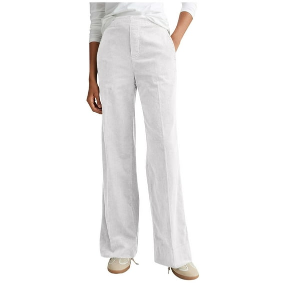 AHTJRT Women's Corduroy Pants Casual Comfort Wide Straight Leg Trousers with Pockets Flat Front Elastic Waist Slack Pants White S