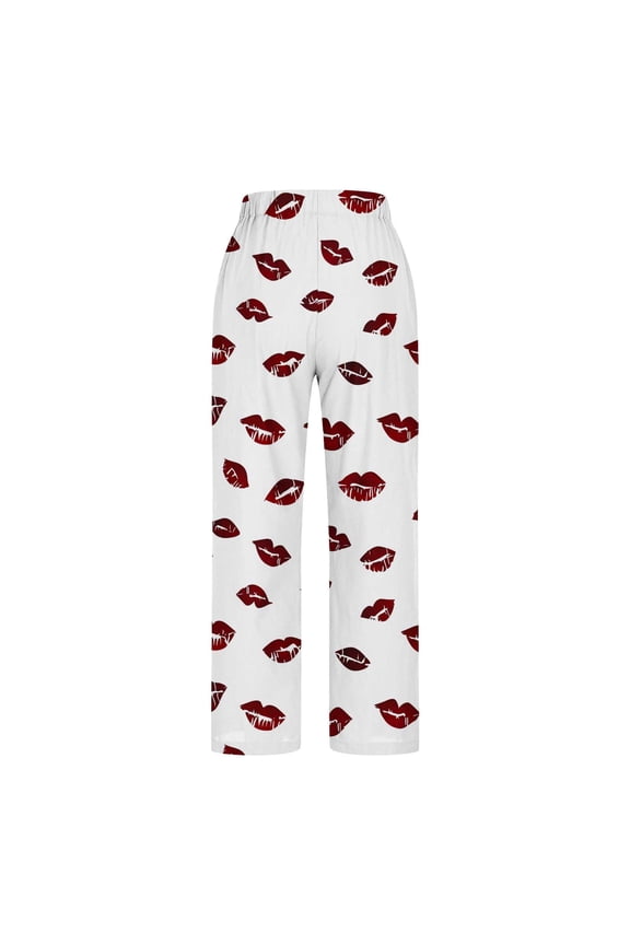 Women's Cotton Linen Pants Fashion Lip Patterns Print Trousers with Pockets High Waist Wide Leg Pants Side Split Slacks Multicolor XL