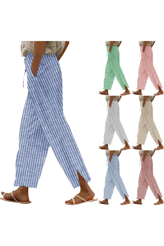 Women's Cotton Linen Pants High Elastic Waist Drawstrings Trousers with Pockets Fashion Striped Color Straight Leg Slacks with Split Pink L