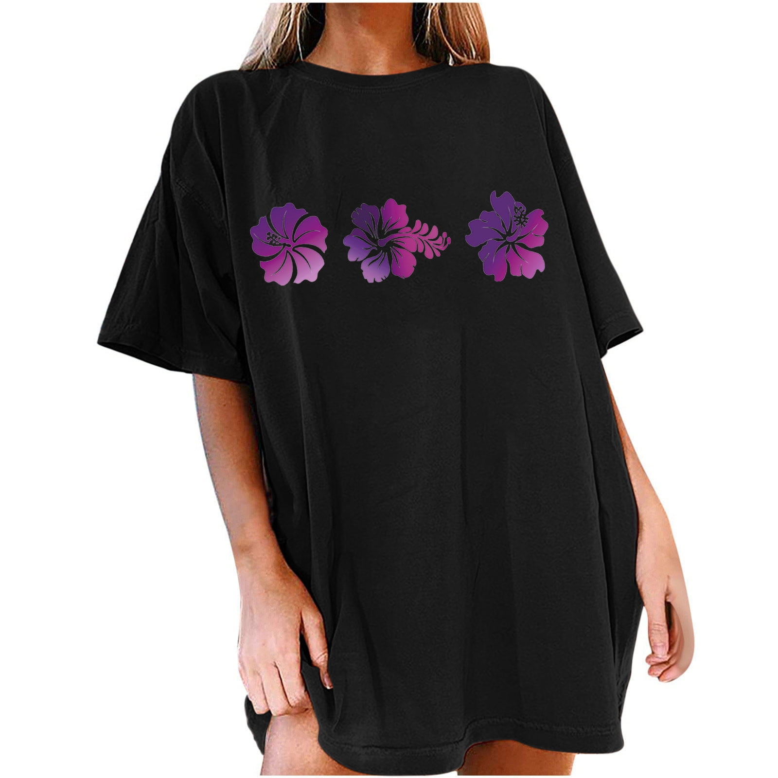 Casual slight stretch letter flower printing crew neck t-shirts Casual Tops