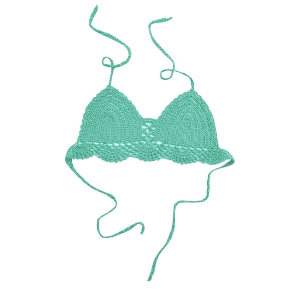 AHTJRT Women's Crochet Halterneck Crop Tops Triangle Swimsuit Bikini Bralettes Push-Up Wireless Beach Bras with Adjustable Back Tie Green S
