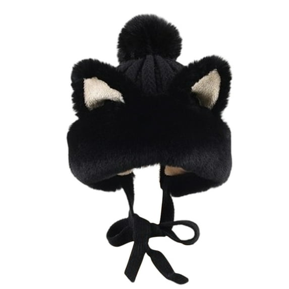 AHTJRT Women's Crochet Hat Fashion Knitted Cat Ear Slouchy Pom Pom Beanie Hats with Chin Strap Cute Vintage Grunge Fuzzy Hat Black Free Size