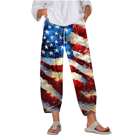 AHTJRT Women's Cropped Pants Plus Size Summer Slacks Party Festival 4th of July Costume American Capri Pants with Pockets Wine#02 XXL