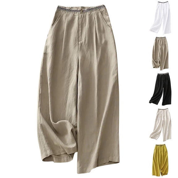 AHTJRT Women's Culottes Breathable Cotton Linen Trousers Baggy Wide Leg Pants with Pockets Casual Elastic Waist Palazzo Pants Khaki XL
