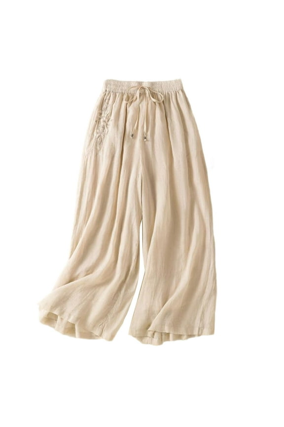 Women's Culottes Cozy Breathable Cotton Linen Palazzo Trousers Drawstrings High Elastic Waisted Wide Leg Pants Beige XXXL