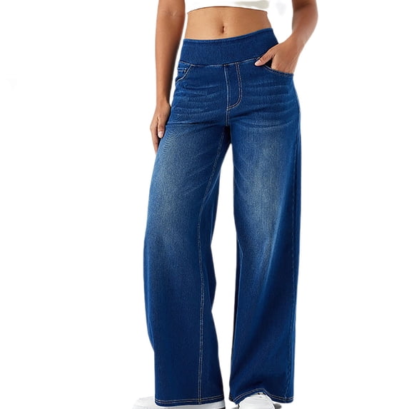 AHTJRT Women's Denim Pants High Rise Wide Leg Jeggings Stretch Pull-On Soft Jeans with Pockets Casual Midweight Walking Leisure Slacks Dark Blue XS