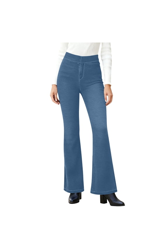 Women's Denim Pants Stretchy High Elastic Waist Flare Jeans Straight Leg Flat Front Trousers Casual Lounge Workout Yoga Pants Blue XXL