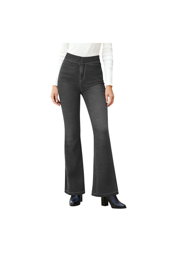 Women's Denim Pants Stretchy High Elastic Waist Flare Jeans Straight Leg Flat Front Trousers Casual Lounge Workout Yoga Pants Dark Gray L
