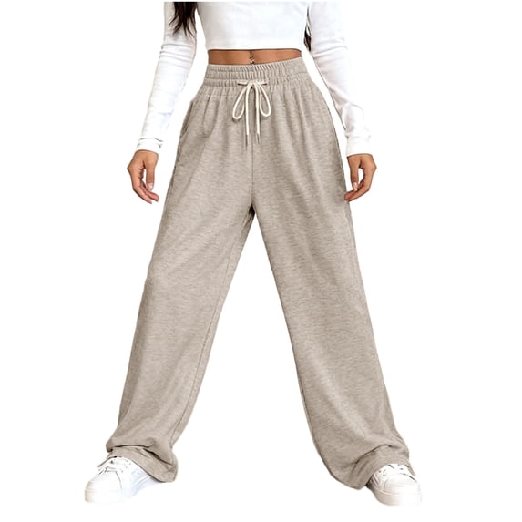 AHTJRT Women's Drawstring Sweatpants Elastic High Waisted Wide Leg Baggy Pants Soft Comfy Casual Slacks Joggers Sweatpants Beige M