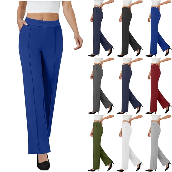 AHTJRT Women's Dress Pants Stretch Pull-On Straight Wide Leg Slacks Pants Casual High Waisted Formal Business Office Wear Trousers Dark Gray#02 S