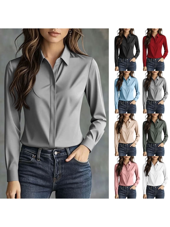 Women's Dress Shirt Lapel Collar Hidden Button Down Long Sleeve Formal Shirts Office Work Business Commuter Blouse Shirts Dark Green S