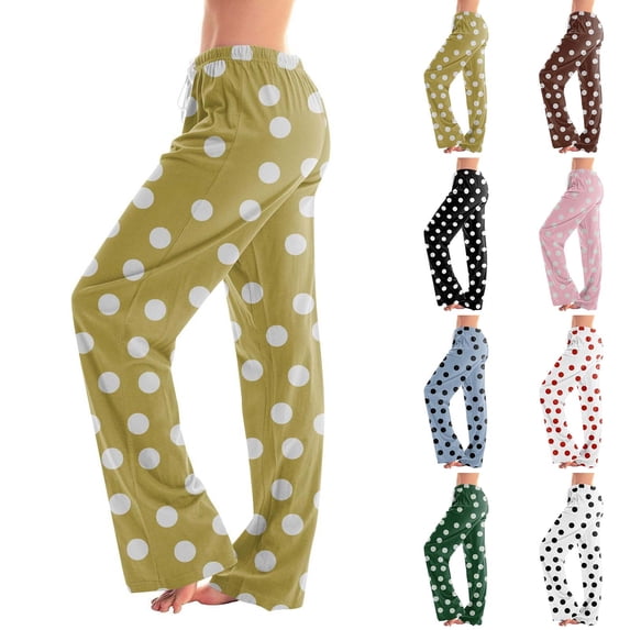 AHTJRT Women's Elastic Waist Pants Polka Dots Print Causal Spring Summer Pajama Pants Drawstring Full-Length Trousers with Pockets Pink M