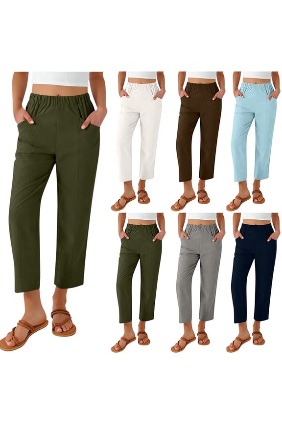 Women's Elastic Waist Pants Straight Leg Pockets Slacks Work Pants Stretchy Fashion 2026 Elastic Waist Ankle Length Dressy Trousers Brown XL