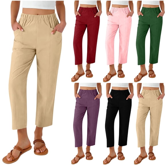 AHTJRT Women's Elastic Waist Pants Straight Leg Pockets Slacks Work Pants Stretchy Fashion 2026 Elastic Waist Ankle Length Dressy Trousers Purple XXL