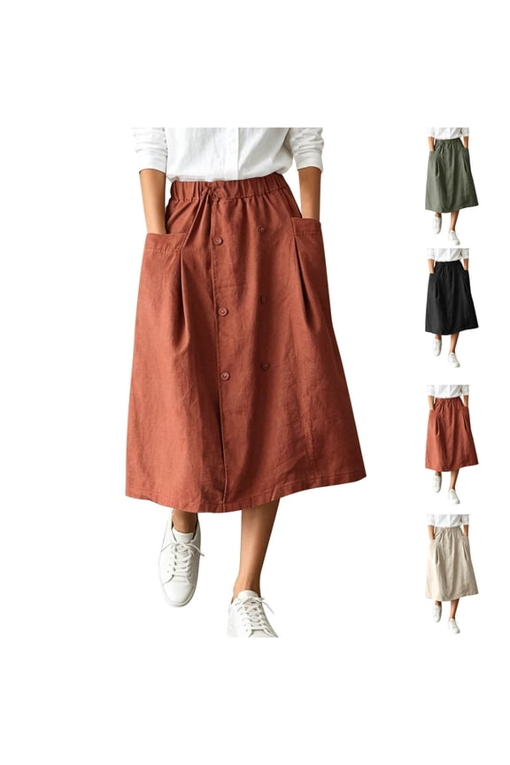 Women's Elastic Waist Skirts Front Button down Elegant A-Line Long Swing Skirts Comfy Cotton Linen Midi Skirt with Pockets Dark Green L