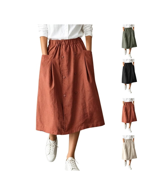 Women's Elastic Waist Skirts Front Button down Elegant A-Line Long Swing Skirts Comfy Cotton Linen Midi Skirt with Pockets Dark Green XXL