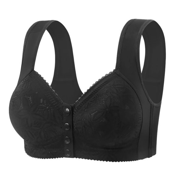 AHTJRT Women's Everyday Bra Lace Front Button Closure No Underwire Bralettes Full Coverage Convenient Padded Daily Soft Cup Bras Black 42
