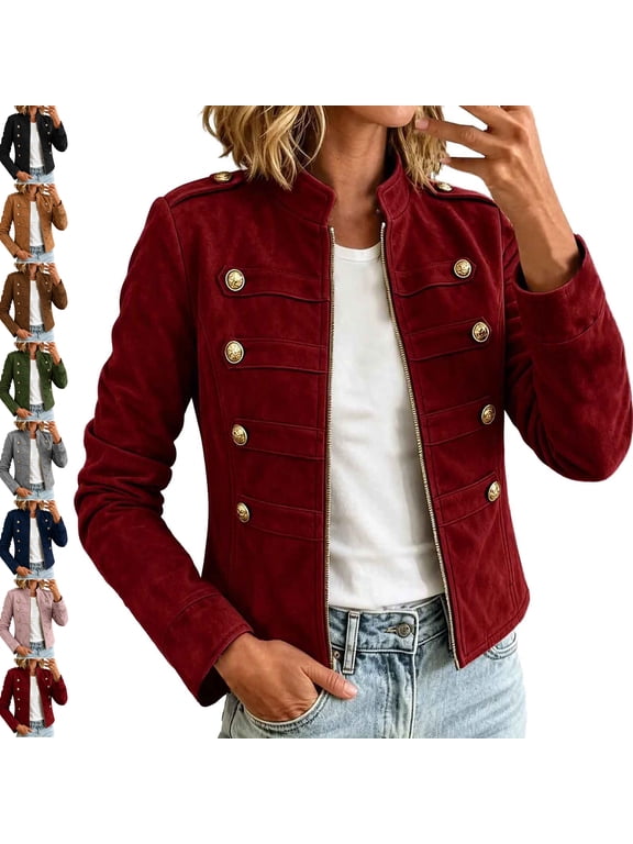 Women's Faux Suede Military Jacket Stand Collar Long Sleeves Zip Up Cropped Coat with Buttons Pockets Casual Lightweight Daily Wear Fall Winter Top