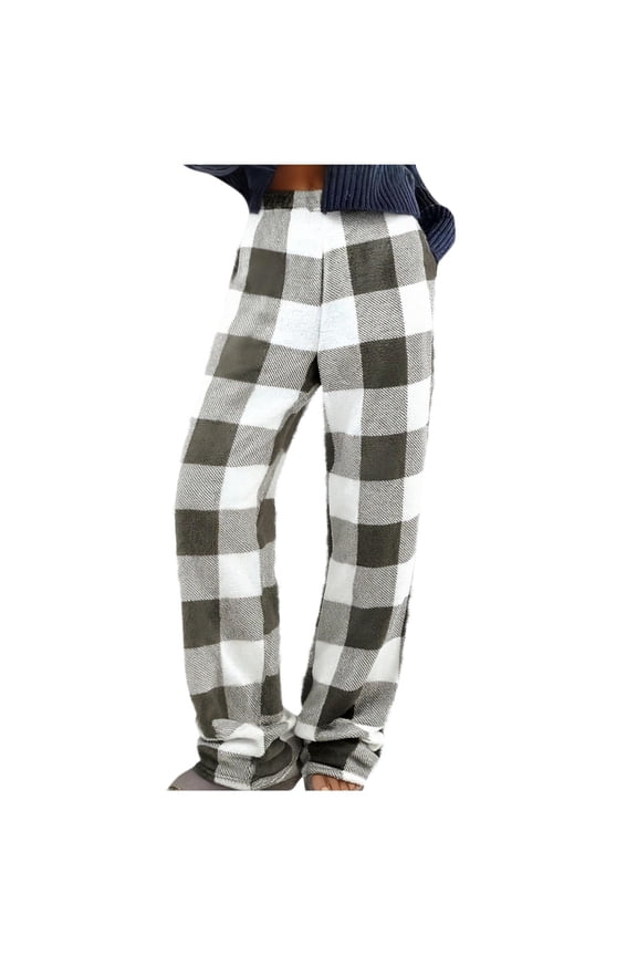 Women's Flannel Pants Warm Fleece Lined Fall Winter Trousers with Pockets Wide Leg Elastic Waist Loungewear Pants Green L