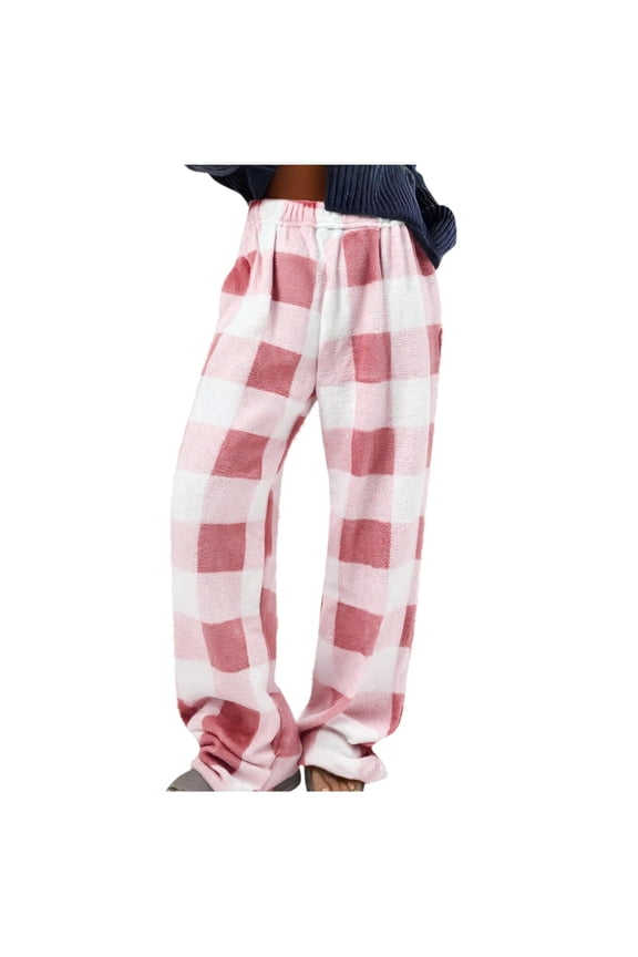 Women's Flannel Pants Warm Fleece Lined Fall Winter Trousers with Pockets Wide Leg Elastic Waist Loungewear Pants Pink XXL