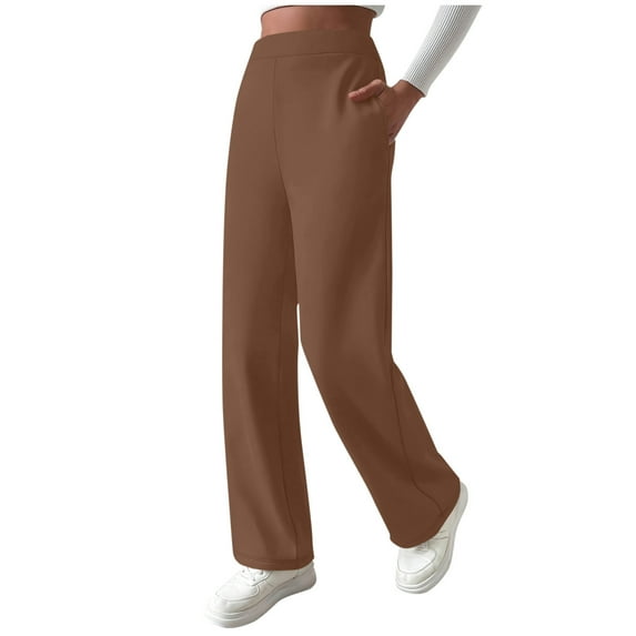 AHTJRT Women's Fleece Lined Pants Warm High Waist Joggers Sweatpants with Pockets Baggy Straight Wide Leg Athletic Trousers Brown#01 M