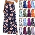 thumbnail image 1 of AHTJRT Women's Floral Print Pants Elastic High Waisted Wide Leg Summer Beach Vacation Bottoms Boho Lounge Casual Palazzo Trousers with Drawstrings Blue XXL, 1 of 9