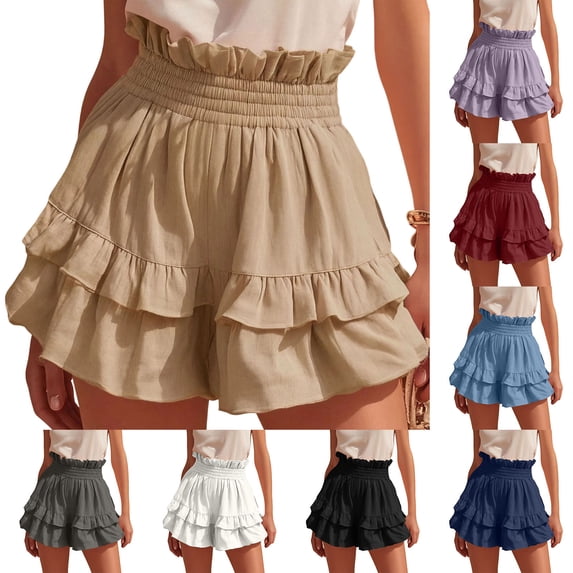 AHTJRT Women's Frill Trim Shorts High Elastic Waist Flounce Tiered Hem Shorts Flowy Summer Casual Vacation Shorts White XL