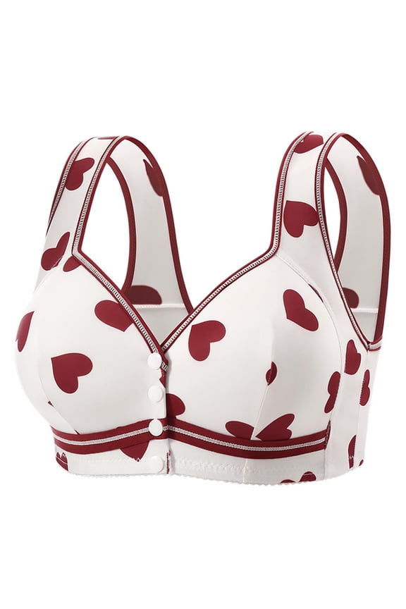 Women's Front Button Bras Fashion Love Heart Patterns Printed Lingeries Stretch Supportive No Underwire Everyday Bras Red 46