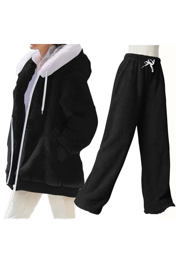 Women's Fuzzy Lounge Pajama Sets Winter Thermal Comfy Sherpa Fleece Jackets and High Waist Pants Outfit Fluffy Sleepwear Set Black M