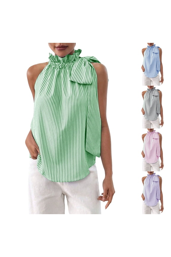 Women's Halter Tie Knot Neck Tank Tops Sleeveless Blouse Fashion Striped Color Ruffle Elegant Casual Business Tee Shirts Pink S