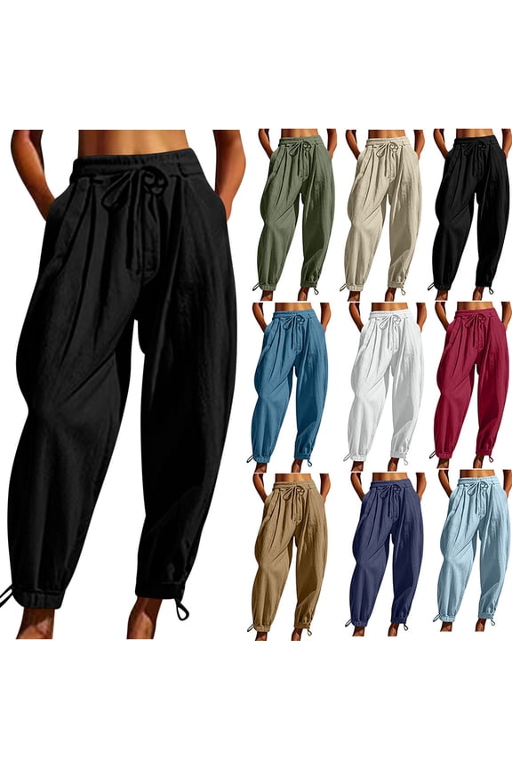 Women's Harem Pants Elasic Waist Drawstring Parachute Pants with Pockets Spring Summer Lounging Streetwear Trosuers with Adjsutable Cuffs White XXL