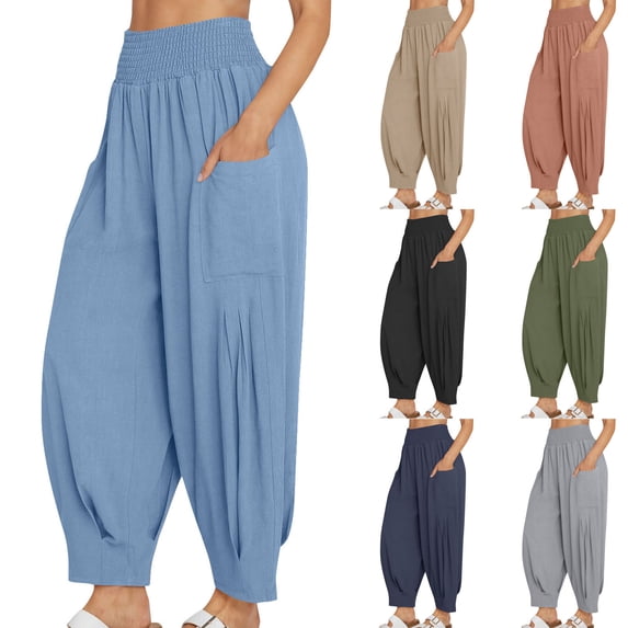 AHTJRT Women's Harem Pants Tummy Control High Elastic Waist Trousers with Pockets Baggy Spring Summer Workout Yoga Joggers Khaki XXL