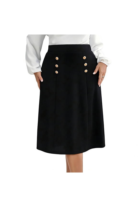 Women's High Waist Pencil Skirt Double-Breasted Button down A-Line Business Casual Skirts Knee Length Flared Midi Skirts Black XXXXL