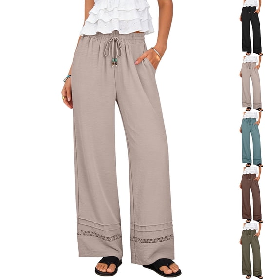 AHTJRT Women's High Waist Wide Leg Pants for Summer Casual Palazzo Trousers Lightweight Boho Lace Lounge Pants with Pockets Dark Green XXL