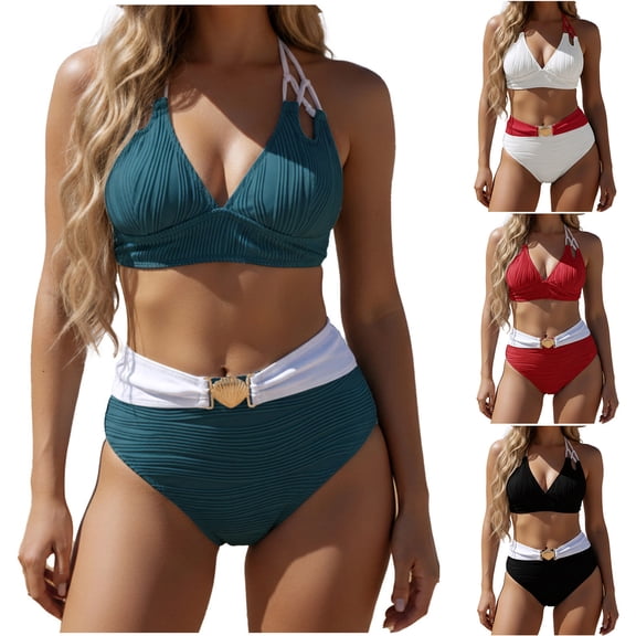 AHTJRT Women's High Waisted Bikini Sets Two Piece Slimming Swimsuits Tummy Control Belted Bathing Suits 2026 Summer Swimwear Sets Black M