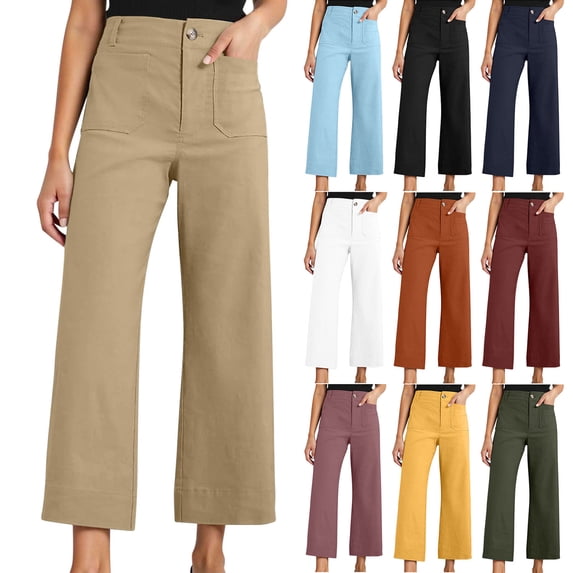 AHTJRT Women's High Waisted Wide Leg Pants Cropped Stretchy Straight Leg Pants with Pockets Comfy Spring Summer Ankle Length Slacks Blue XXL