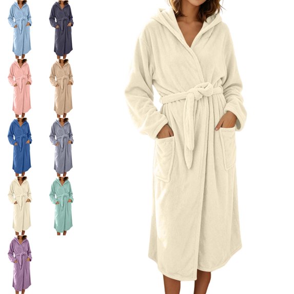 AHTJRT Women's Hooded Robe Long Sleeves Soft Warm Fleece Bathrobe Cozy Casual Lightweight Loungewear Home Robe Pocket Belt Bathrobe