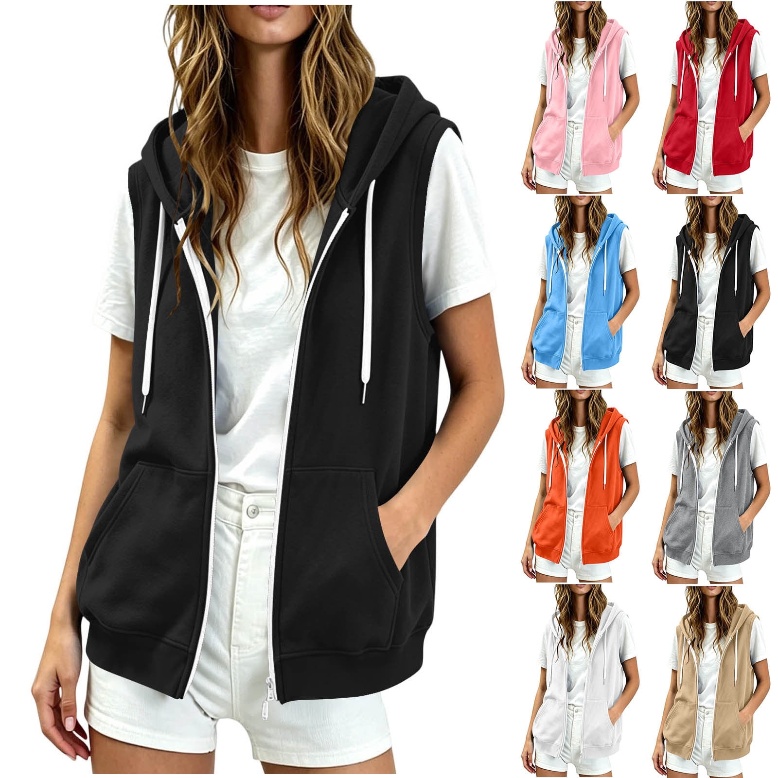 AHTJRT Women's Hoodie Jackets Drawstring Short Sleeve Full Zip Coats ...