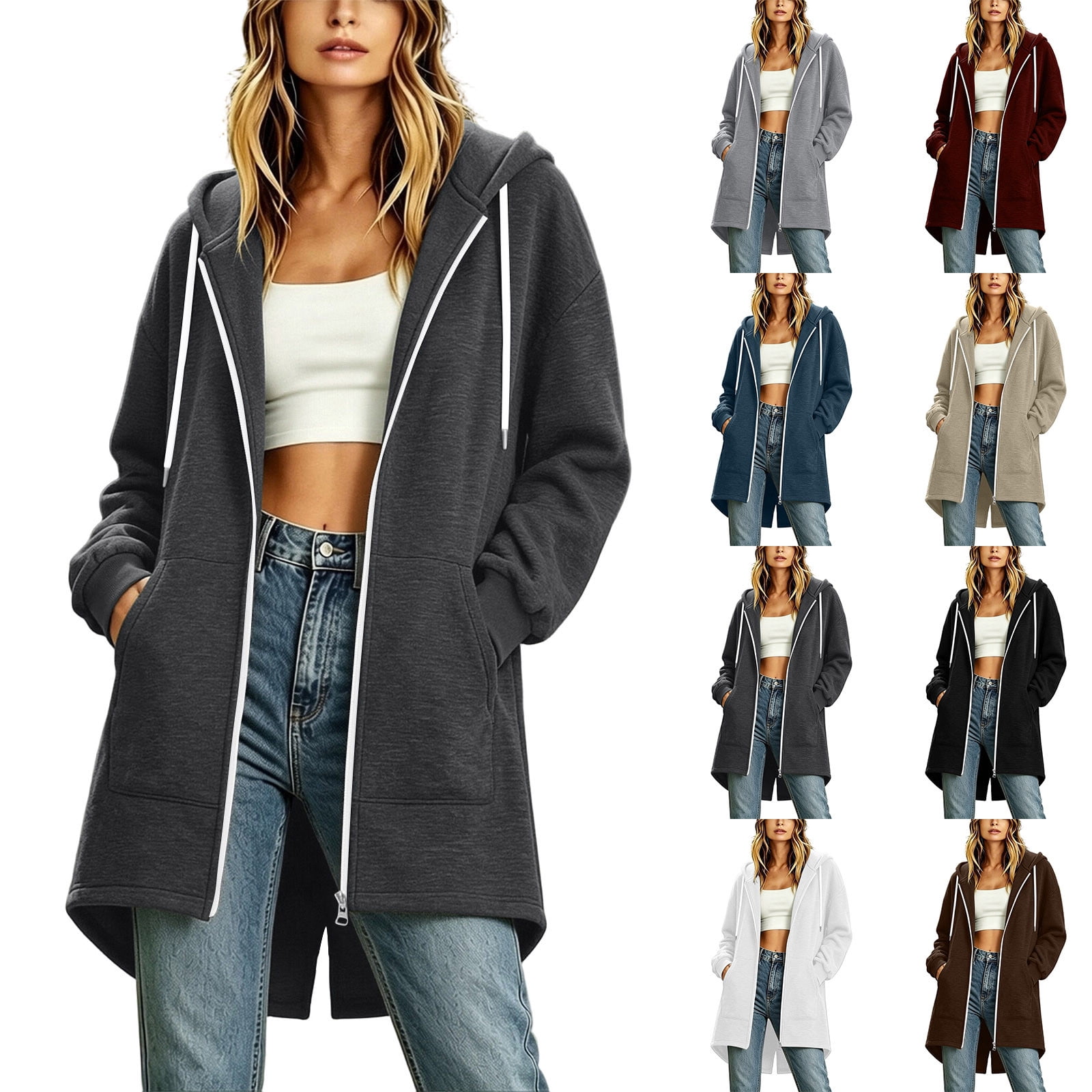 AHTJRT Women's Hoodie Jackets with Drawstrings Full Zip Long Sleeve
