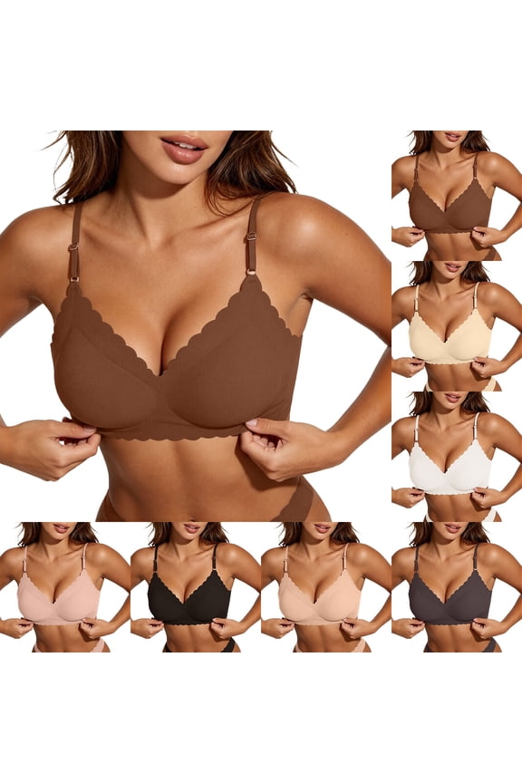 Women's Jelly Bras No Underwire V Neck Scalloped Trim Bust Lifting Buttery Soft T-Shirt Bras Seamless Full Coverage Bras with Adjustable Thin Straps Brown S